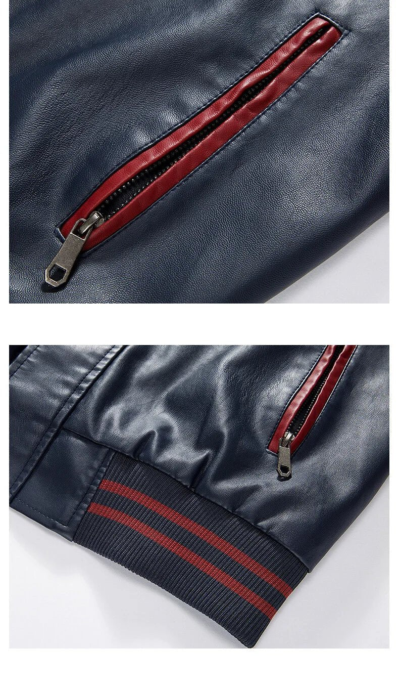 Spring and Autumn Men's Motorcycle Suit Leather jacket Color blocking American baseball collar pilot casual PU leather jacket - StepByStep