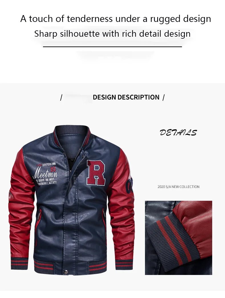 Spring and Autumn Men's Motorcycle Suit Leather jacket Color blocking American baseball collar pilot casual PU leather jacket - StepByStep
