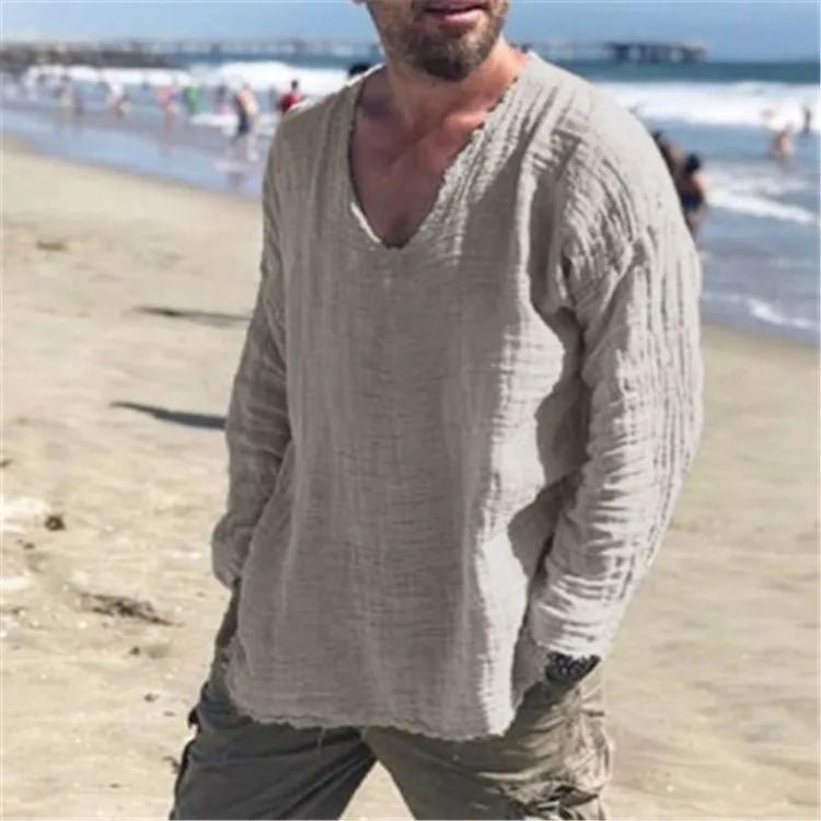 Spring and Summer Men's Viking Style Summer Shirts for Beach Wear Casual Shirts Pure Fake Cup - shaped Long Sleeved V - neck Tops - StepByStepNow