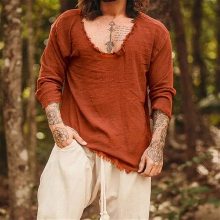 Spring and Summer Men's Viking Style Summer Shirts for Beach Wear Casual Shirts Pure Fake Cup - shaped Long Sleeved V - neck Tops - StepByStepNow