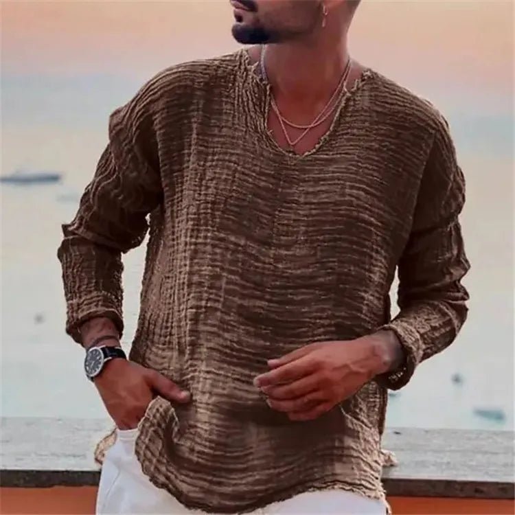 Spring and Summer Men's Viking Style Summer Shirts for Beach Wear Casual Shirts Pure Fake Cup - shaped Long Sleeved V - neck Tops - StepByStepNow