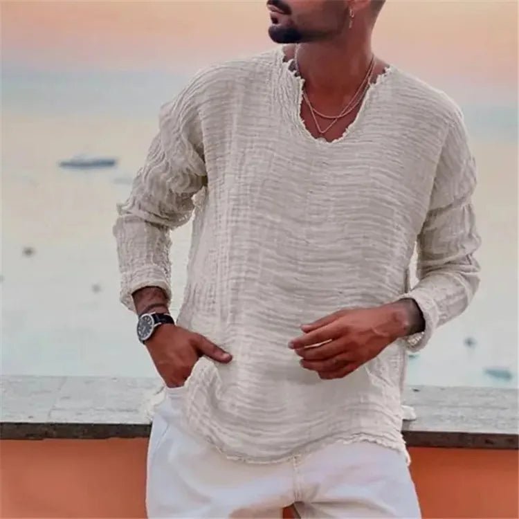 Spring and Summer Men's Viking Style Summer Shirts for Beach Wear Casual Shirts Pure Fake Cup - shaped Long Sleeved V - neck Tops - StepByStepNow