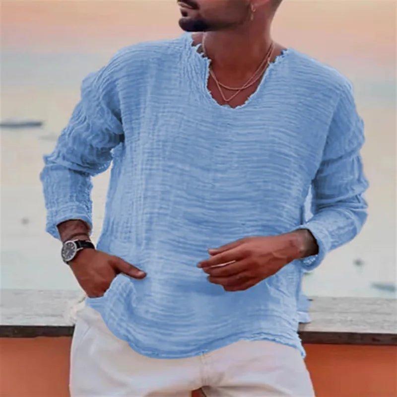 Spring and Summer Men's Viking Style Summer Shirts for Beach Wear Casual Shirts Pure Fake Cup - shaped Long Sleeved V - neck Tops - StepByStepNow