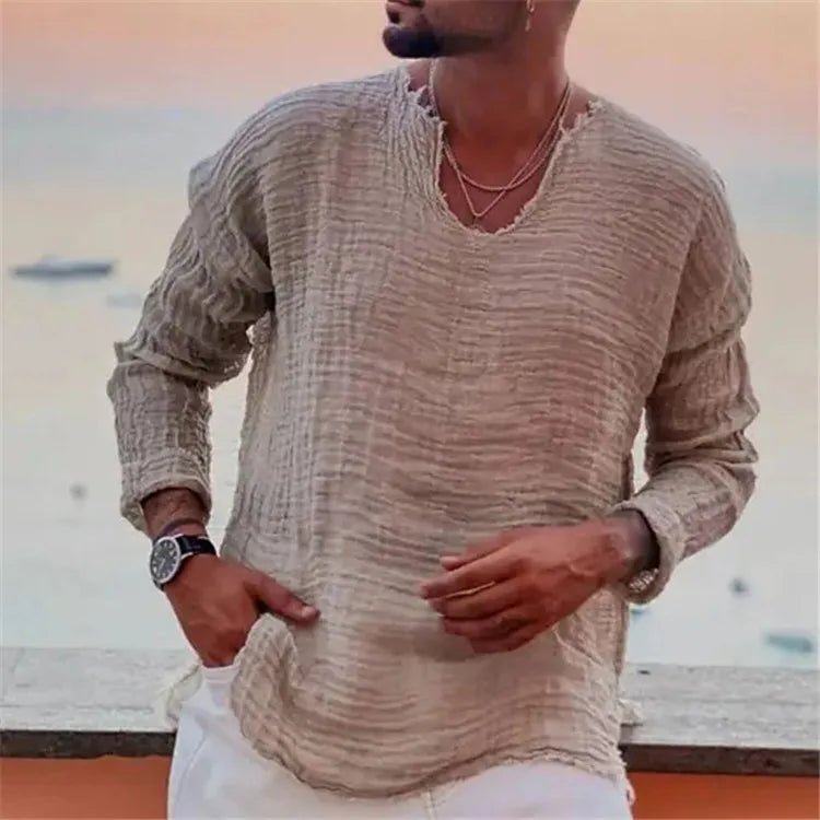 Spring and Summer Men's Viking Style Summer Shirts for Beach Wear Casual Shirts Pure Fake Cup - shaped Long Sleeved V - neck Tops - StepByStepNow