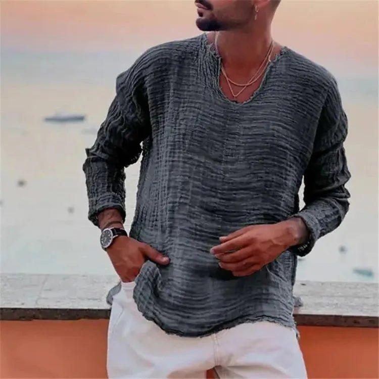 Spring and Summer Men's Viking Style Summer Shirts for Beach Wear Casual Shirts Pure Fake Cup - shaped Long Sleeved V - neck Tops - StepByStepNow