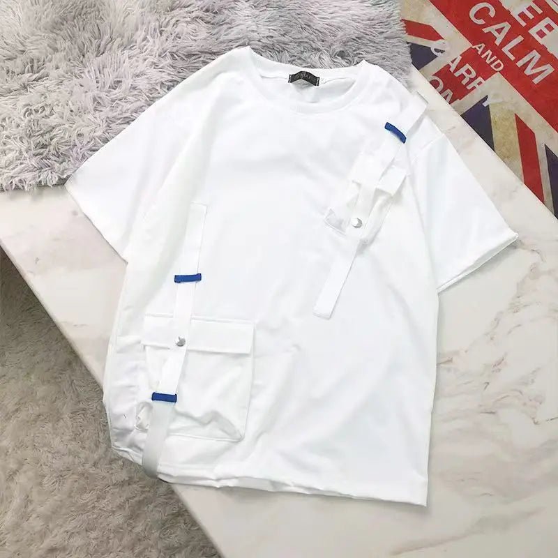 StepByStepNow Men’s Japanese Function T-Shirt - Loose Workwear Pocket Tee with Drop Shoulder - StepByStepNow