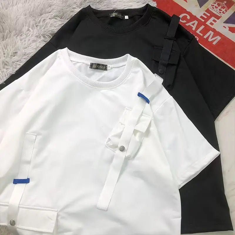 StepByStepNow Men’s Japanese Function T-Shirt - Loose Workwear Pocket Tee with Drop Shoulder - StepByStepNow
