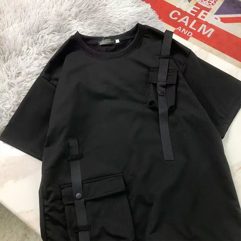 StepByStepNow Men’s Japanese Function T-Shirt - Loose Workwear Pocket Tee with Drop Shoulder - StepByStepNow