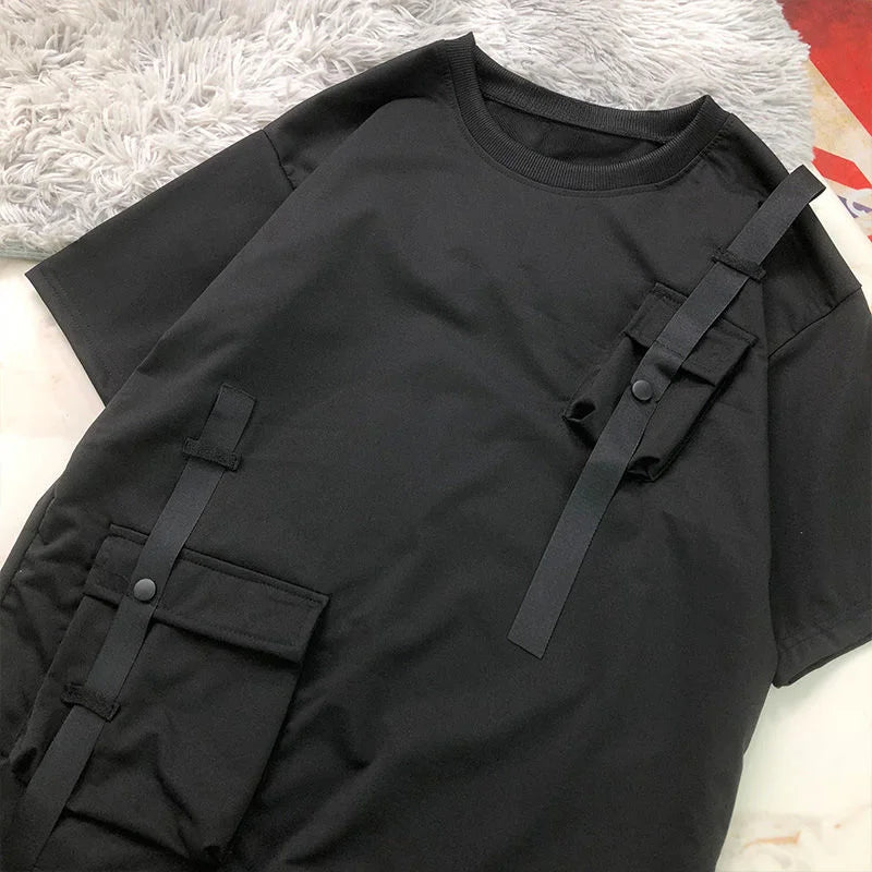 StepByStepNow Men’s Japanese Function T-Shirt - Loose Workwear Pocket Tee with Drop Shoulder - StepByStepNow