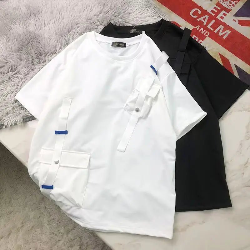 StepByStepNow Men’s Japanese Function T-Shirt - Loose Workwear Pocket Tee with Drop Shoulder - StepByStepNow