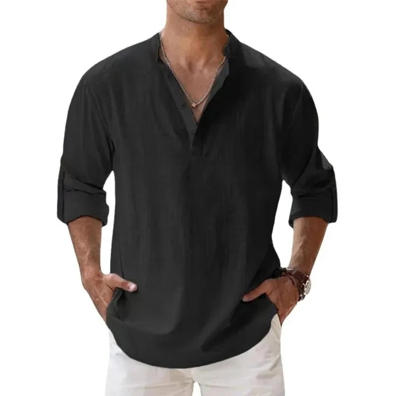 Streetwear Men Lightweight Shirts Long Sleeve Henley Cotton Linen Shirts for Men Beach Hawaiian Shirts Breathable Collar Tshirts - StepByStepNow