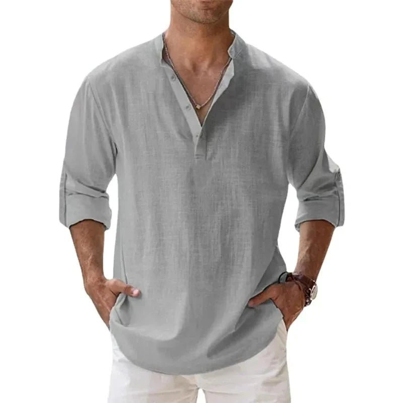 Streetwear Men Lightweight Shirts Long Sleeve Henley Cotton Linen Shirts for Men Beach Hawaiian Shirts Breathable Collar Tshirts - StepByStepNow