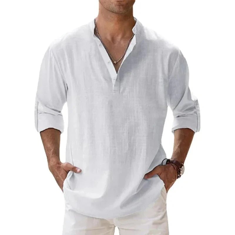 Streetwear Men Lightweight Shirts Long Sleeve Henley Cotton Linen Shirts for Men Beach Hawaiian Shirts Breathable Collar Tshirts - StepByStepNow