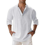 Streetwear Men Lightweight Shirts Long Sleeve Henley Cotton Linen Shirts for Men Beach Hawaiian Shirts Breathable Collar Tshirts - StepByStepNow