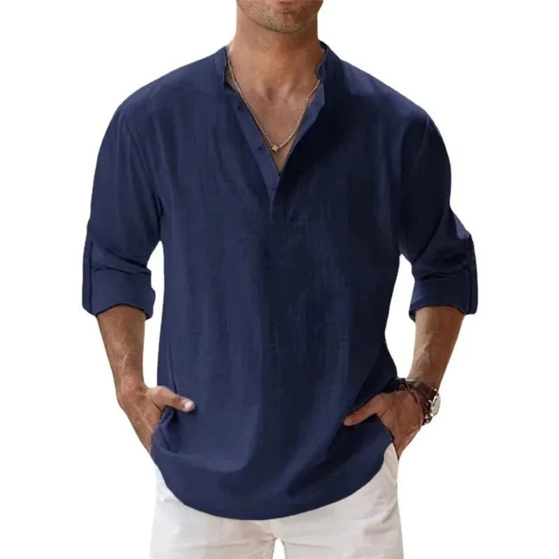 Streetwear Men Lightweight Shirts Long Sleeve Henley Cotton Linen Shirts for Men Beach Hawaiian Shirts Breathable Collar Tshirts - StepByStepNow