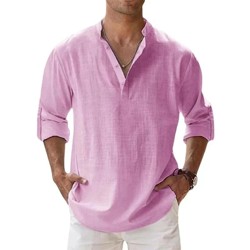Streetwear Men Lightweight Shirts Long Sleeve Henley Cotton Linen Shirts for Men Beach Hawaiian Shirts Breathable Collar Tshirts - StepByStepNow