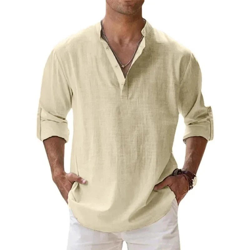 Streetwear Men Lightweight Shirts Long Sleeve Henley Cotton Linen Shirts for Men Beach Hawaiian Shirts Breathable Collar Tshirts - StepByStepNow