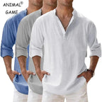 Streetwear Men Lightweight Shirts Long Sleeve Henley Cotton Linen Shirts for Men Beach Hawaiian Shirts Breathable Collar Tshirts - StepByStepNow