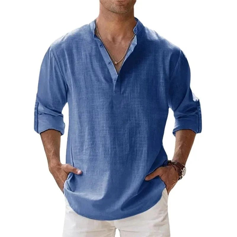 Streetwear Men Lightweight Shirts Long Sleeve Henley Cotton Linen Shirts for Men Beach Hawaiian Shirts Breathable Collar Tshirts - StepByStepNow