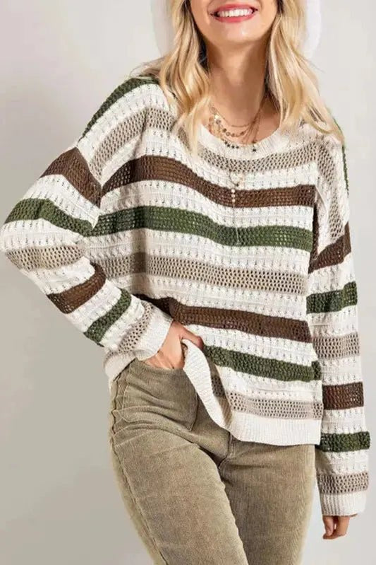 Stripe Crochet Hollow out Knit Sweater - StepByStep