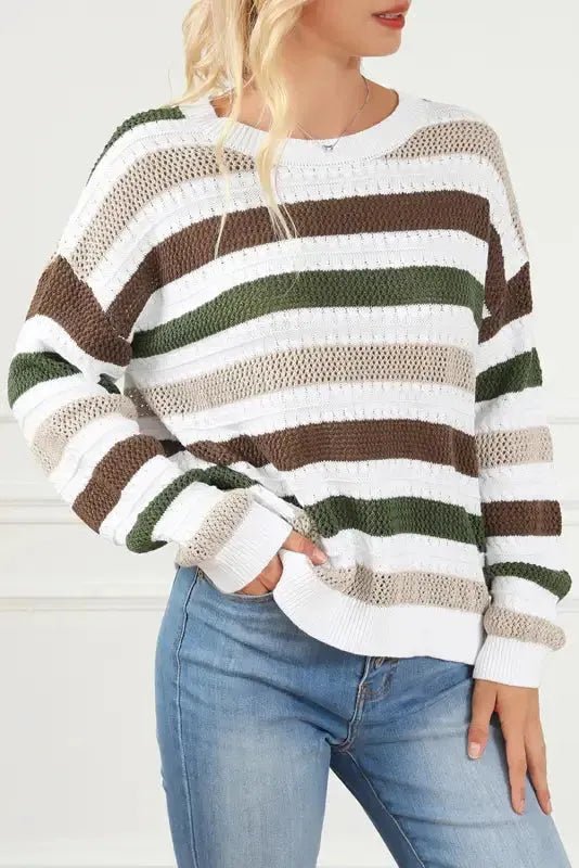 Stripe Crochet Hollow out Knit Sweater - StepByStep