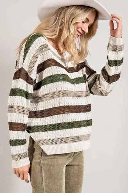 Stripe Crochet Hollow out Knit Sweater - StepByStep