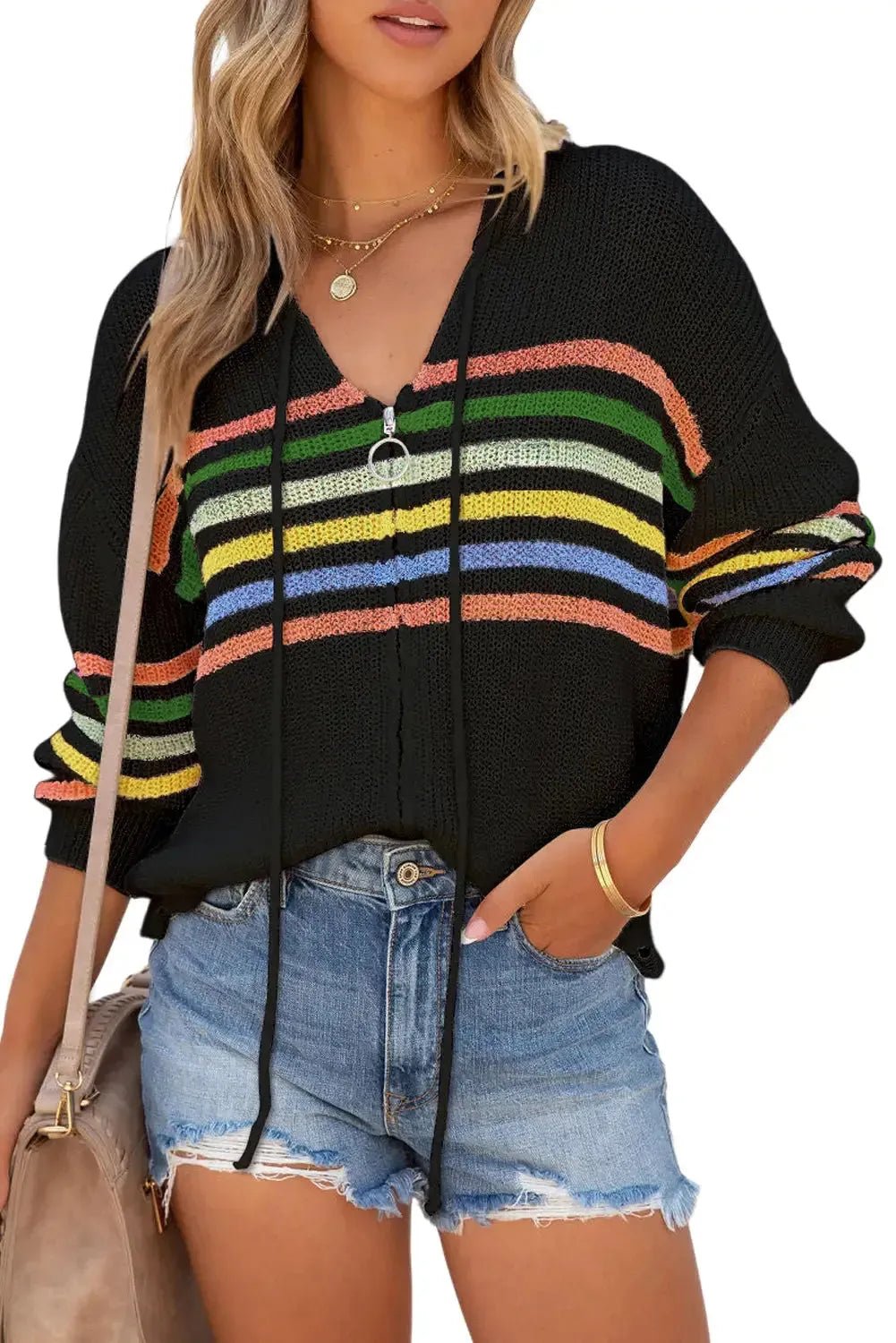 Striped Zip Up Hooded Sweater - StepByStep