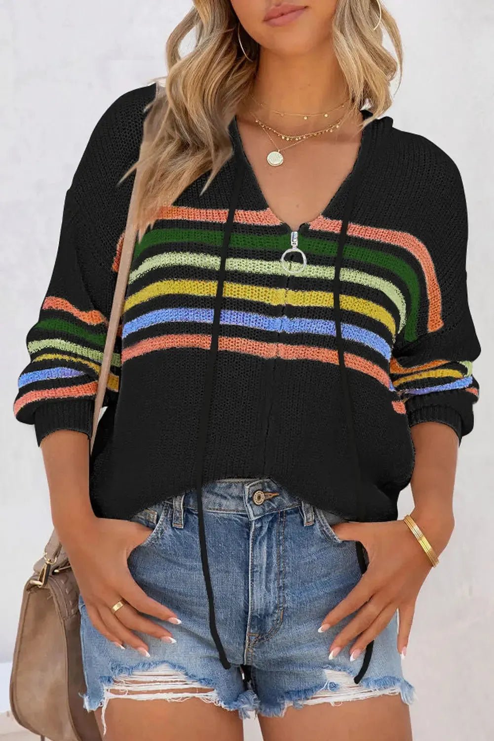 Striped Zip Up Hooded Sweater - StepByStep