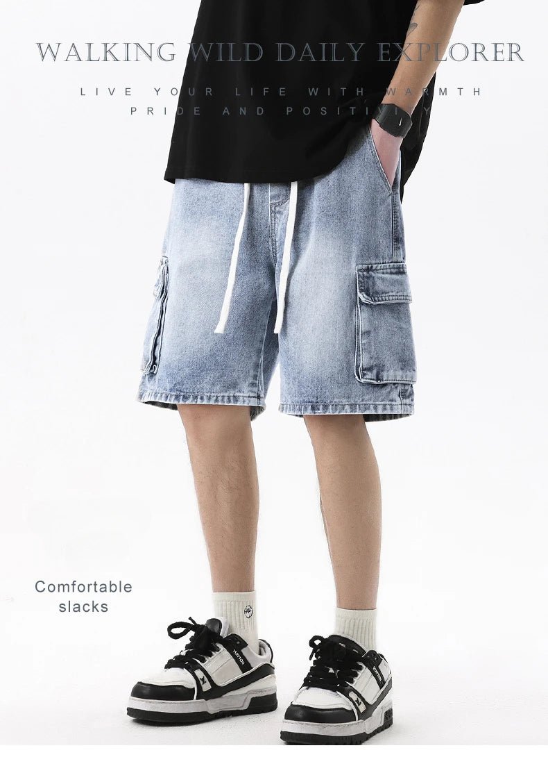 Summer Men's Denim Shorts Retro Fashion Elastic Waist Loose Straight Leg Large Pocket Shorts Brand Men's Clothing Casual Pants - StepByStepNow
