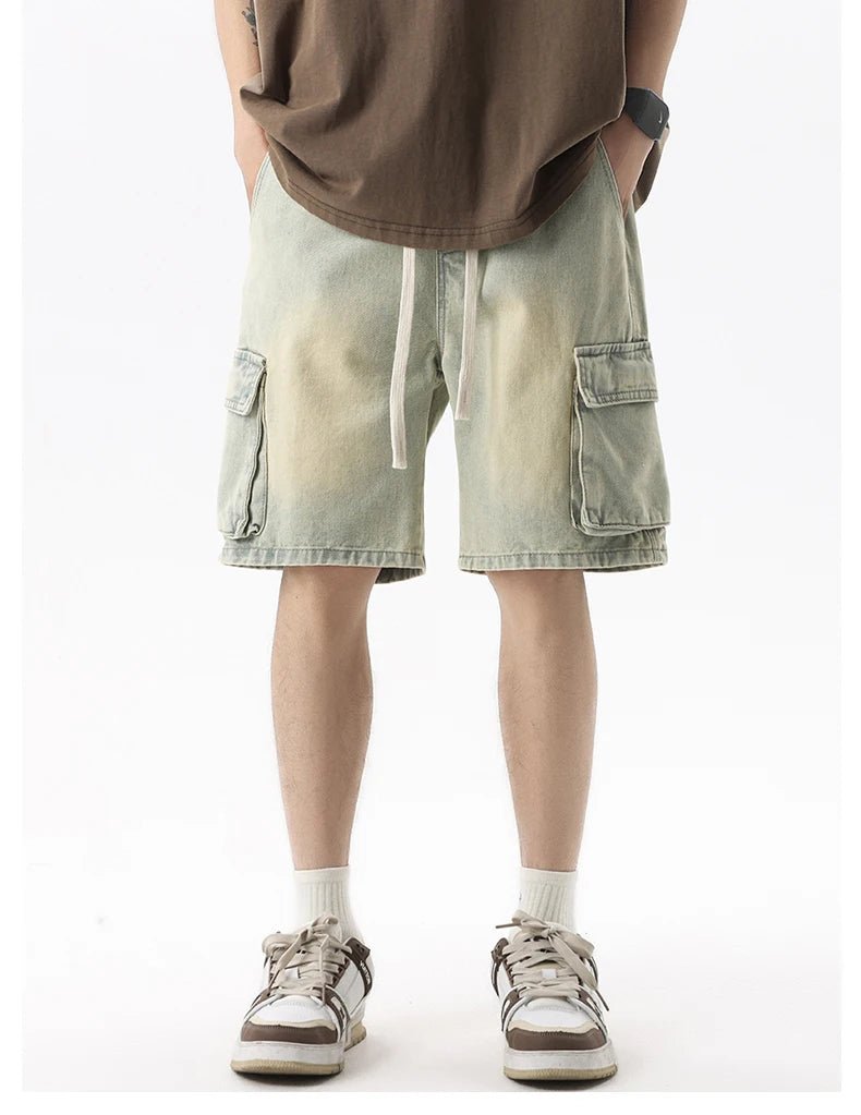 Summer Men's Denim Shorts Retro Fashion Elastic Waist Loose Straight Leg Large Pocket Shorts Brand Men's Clothing Casual Pants - StepByStepNow