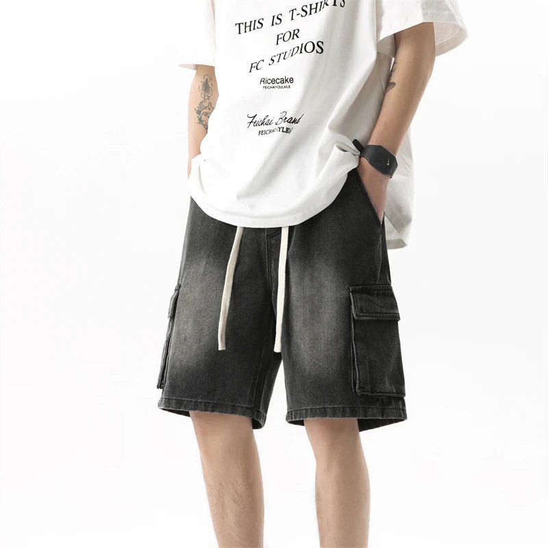 Summer Men's Denim Shorts Retro Fashion Elastic Waist Loose Straight Leg Large Pocket Shorts Brand Men's Clothing Casual Pants - StepByStepNow