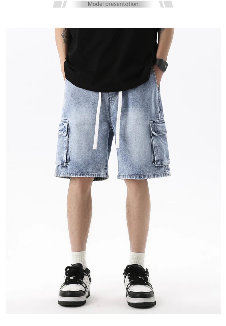 Summer Men's Denim Shorts Retro Fashion Elastic Waist Loose Straight Leg Large Pocket Shorts Brand Men's Clothing Casual Pants - StepByStepNow