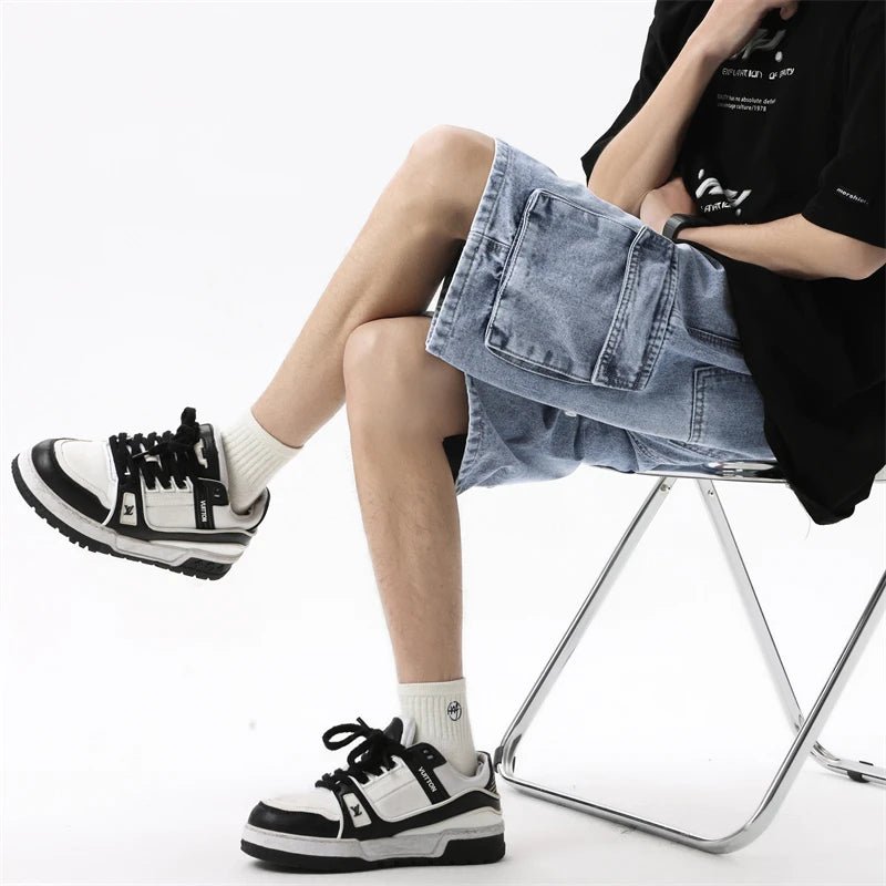 Summer Men's Denim Shorts Retro Fashion Elastic Waist Loose Straight Leg Large Pocket Shorts Brand Men's Clothing Casual Pants - StepByStepNow