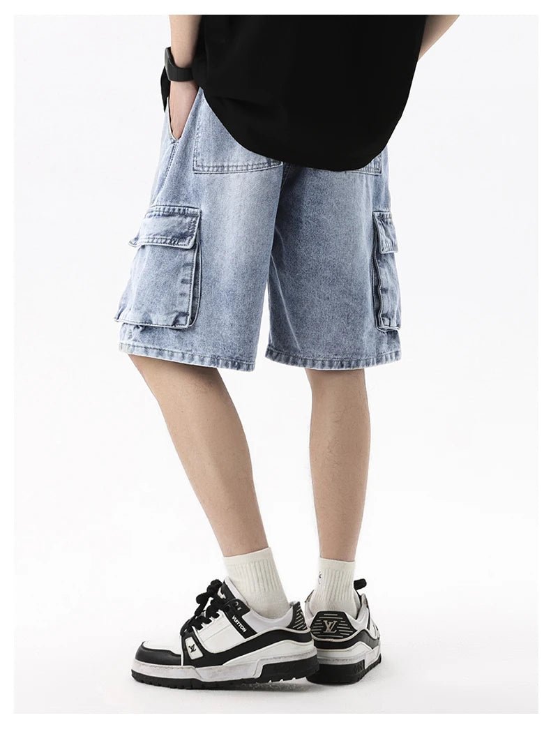 Summer Men's Denim Shorts Retro Fashion Elastic Waist Loose Straight Leg Large Pocket Shorts Brand Men's Clothing Casual Pants - StepByStepNow