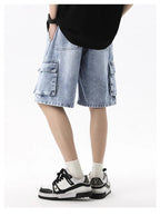 Summer Men's Denim Shorts Retro Fashion Elastic Waist Loose Straight Leg Large Pocket Shorts Brand Men's Clothing Casual Pants - StepByStepNow