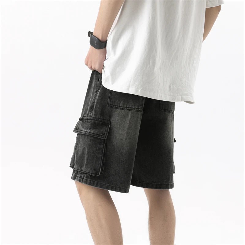 Summer Men's Denim Shorts Retro Fashion Elastic Waist Loose Straight Leg Large Pocket Shorts Brand Men's Clothing Casual Pants - StepByStepNow