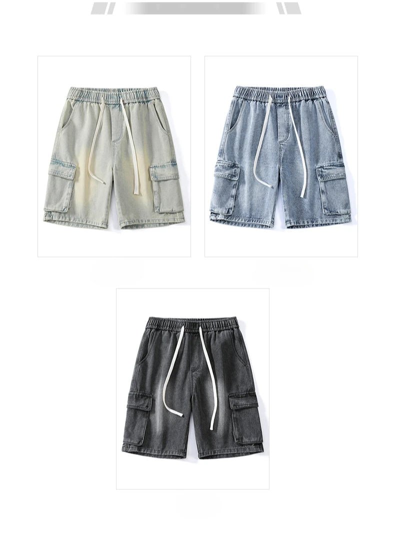 Summer Men's Denim Shorts Retro Fashion Elastic Waist Loose Straight Leg Large Pocket Shorts Brand Men's Clothing Casual Pants - StepByStepNow