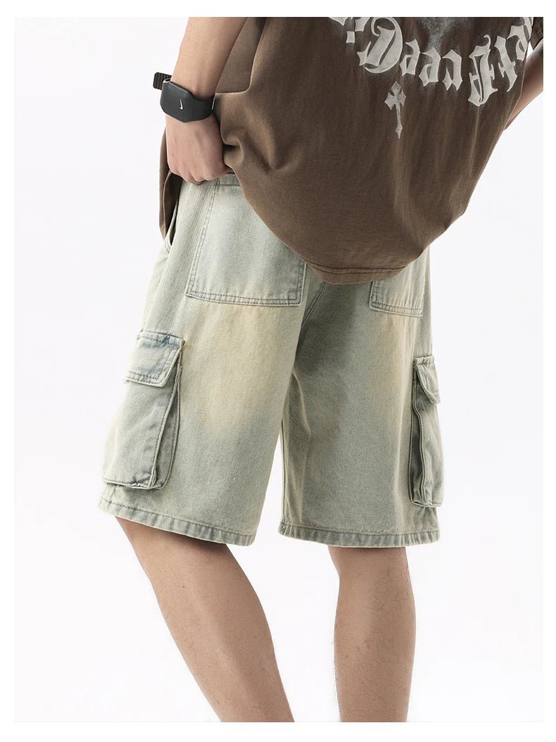 Summer Men's Denim Shorts Retro Fashion Elastic Waist Loose Straight Leg Large Pocket Shorts Brand Men's Clothing Casual Pants - StepByStepNow