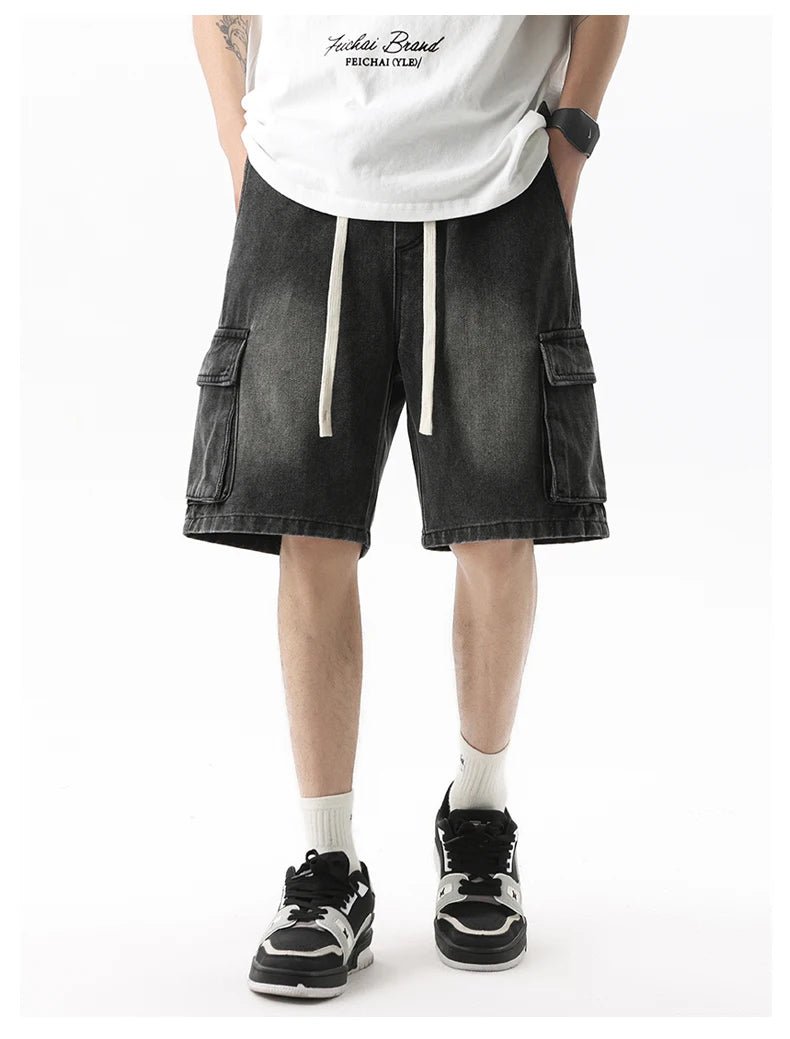 Summer Men's Denim Shorts Retro Fashion Elastic Waist Loose Straight Leg Large Pocket Shorts Brand Men's Clothing Casual Pants - StepByStepNow