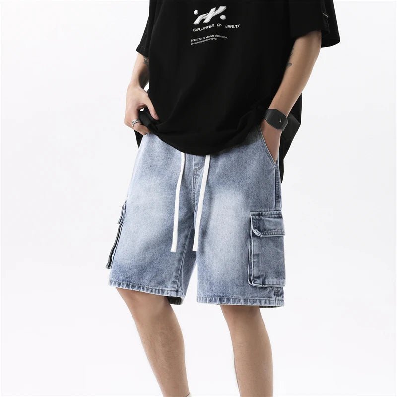 Summer Men's Denim Shorts Retro Fashion Elastic Waist Loose Straight Leg Large Pocket Shorts Brand Men's Clothing Casual Pants - StepByStepNow