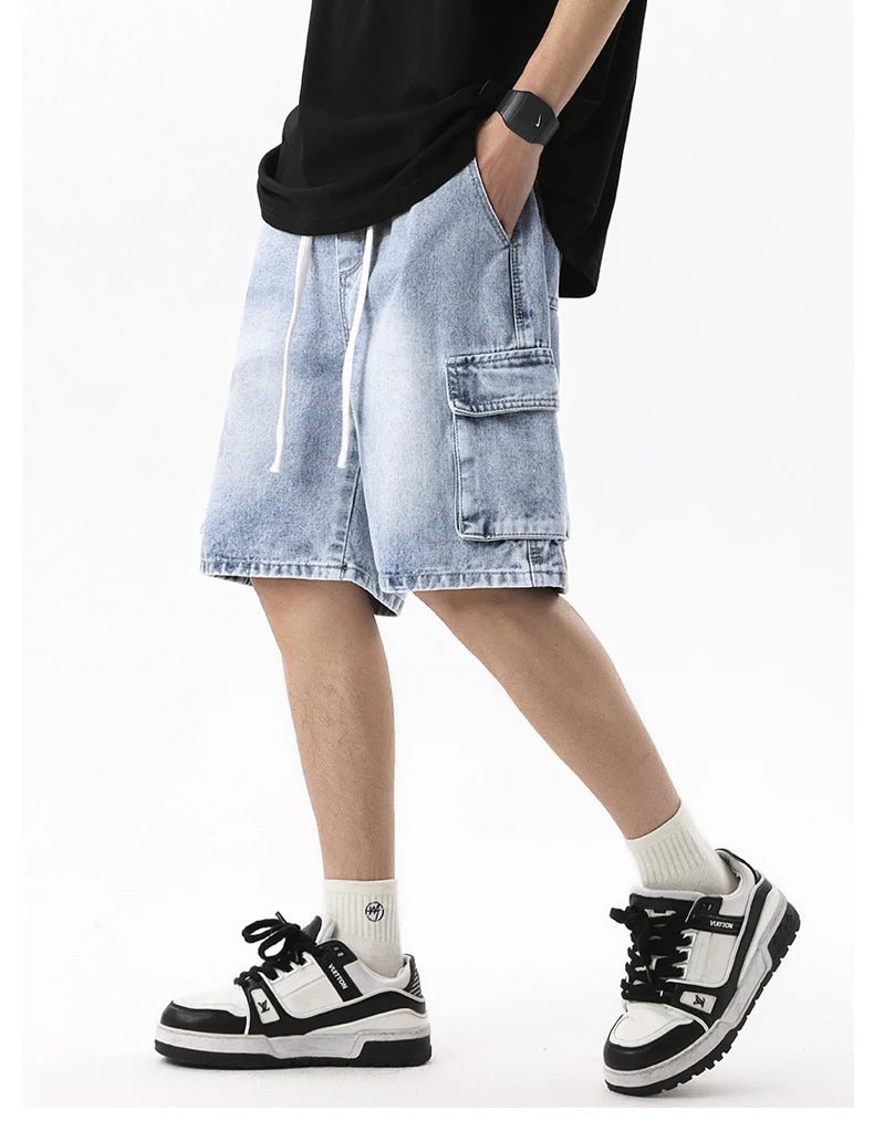 Summer Men's Denim Shorts Retro Fashion Elastic Waist Loose Straight Leg Large Pocket Shorts Brand Men's Clothing Casual Pants - StepByStepNow