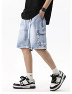 Summer Men's Denim Shorts Retro Fashion Elastic Waist Loose Straight Leg Large Pocket Shorts Brand Men's Clothing Casual Pants - StepByStepNow
