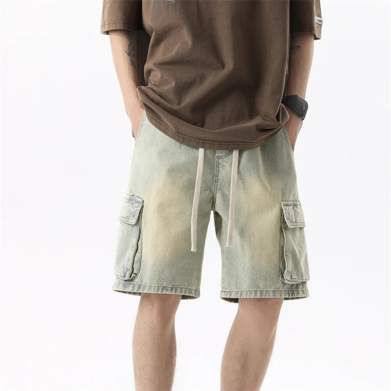 Summer Men's Denim Shorts Retro Fashion Elastic Waist Loose Straight Leg Large Pocket Shorts Brand Men's Clothing Casual Pants - StepByStepNow