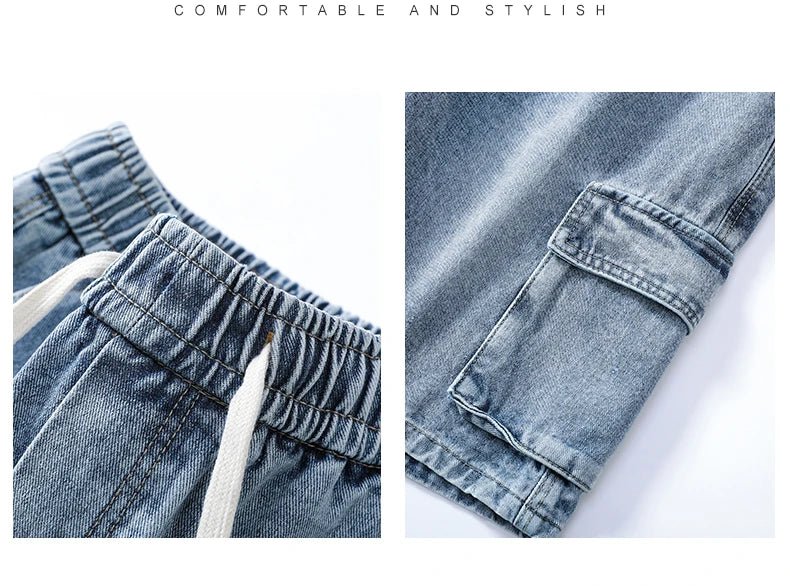 Summer Men's Denim Shorts Retro Fashion Elastic Waist Loose Straight Leg Large Pocket Shorts Brand Men's Clothing Casual Pants - StepByStepNow