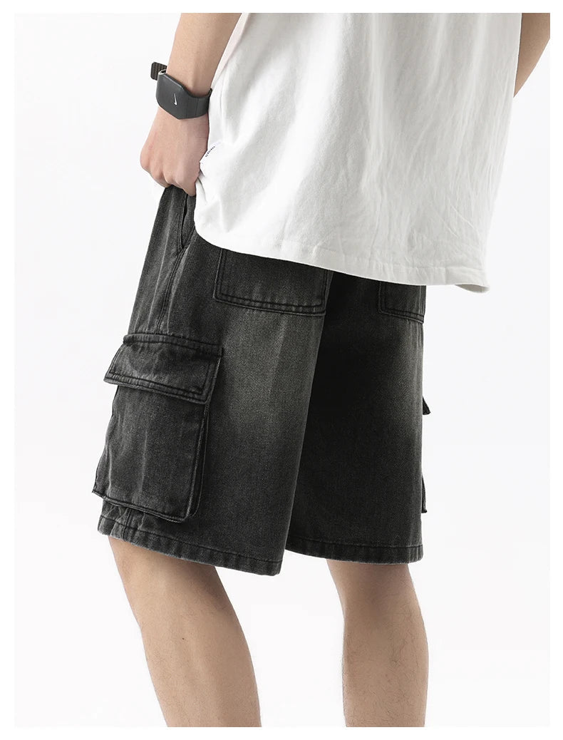 Summer Men's Denim Shorts Retro Fashion Elastic Waist Loose Straight Leg Large Pocket Shorts Brand Men's Clothing Casual Pants - StepByStepNow