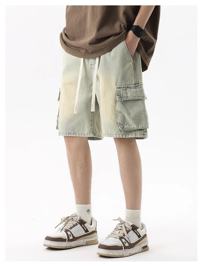 Summer Men's Denim Shorts Retro Fashion Elastic Waist Loose Straight Leg Large Pocket Shorts Brand Men's Clothing Casual Pants - StepByStepNow