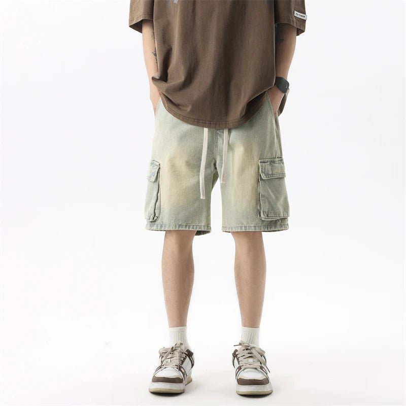 Summer Men's Denim Shorts Retro Fashion Elastic Waist Loose Straight Leg Large Pocket Shorts Brand Men's Clothing Casual Pants - StepByStepNow