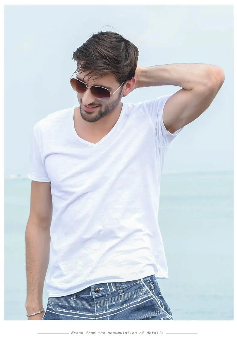 Summer New 100% Cotton T-shirt Men V - neck Solid Color Casual T Shirt Basic Tees Plus Size Short Sleeve Tops Y2449 - StepByStepNow