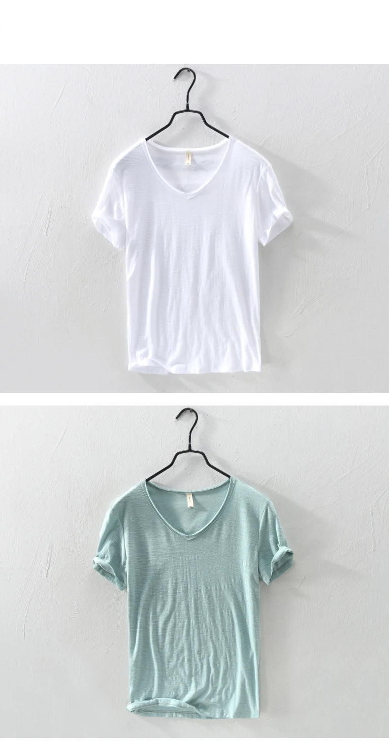 Summer New 100% Cotton T-shirt Men V - neck Solid Color Casual T Shirt Basic Tees Plus Size Short Sleeve Tops Y2449 - StepByStepNow