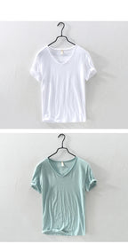 Summer New 100% Cotton T-shirt Men V - neck Solid Color Casual T Shirt Basic Tees Plus Size Short Sleeve Tops Y2449 - StepByStepNow